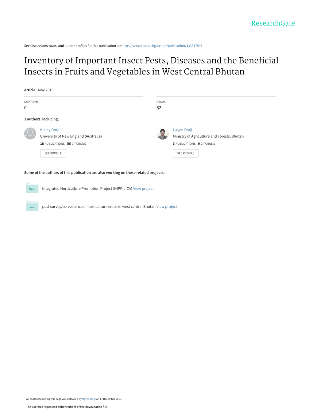 Inventory of Fruit and Vegetable Pests in West Central Bhutan