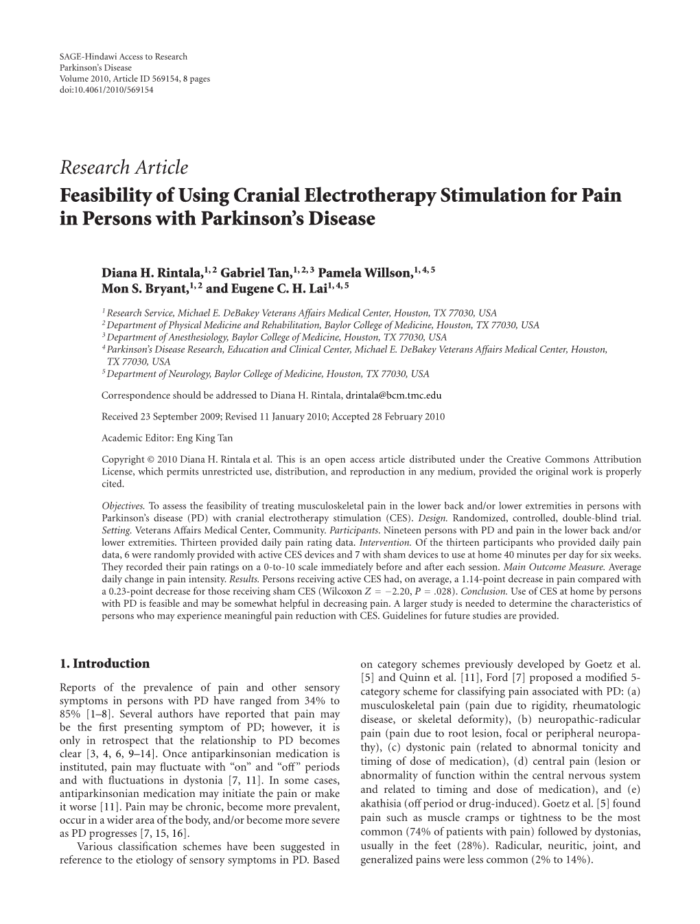 Research Article Feasibility of Using Cranial Electrotherapy Stimulation for Pain in Persons with Parkinson’S Disease