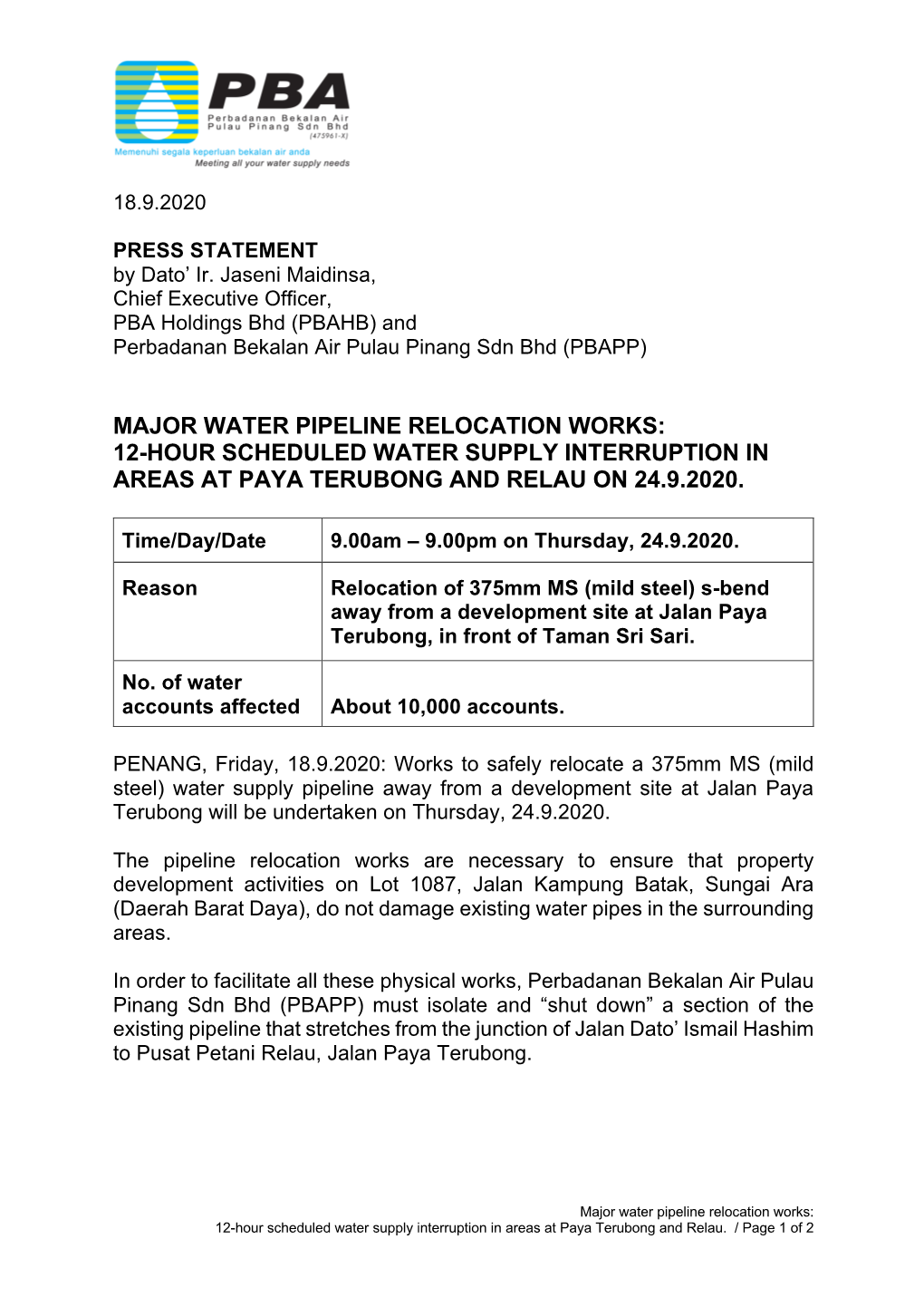 Major Water Pipeline Relocation Works: 12-Hour Scheduled Water Supply Interruption in Areas at Paya Terubong and Relau on 24.9.2020