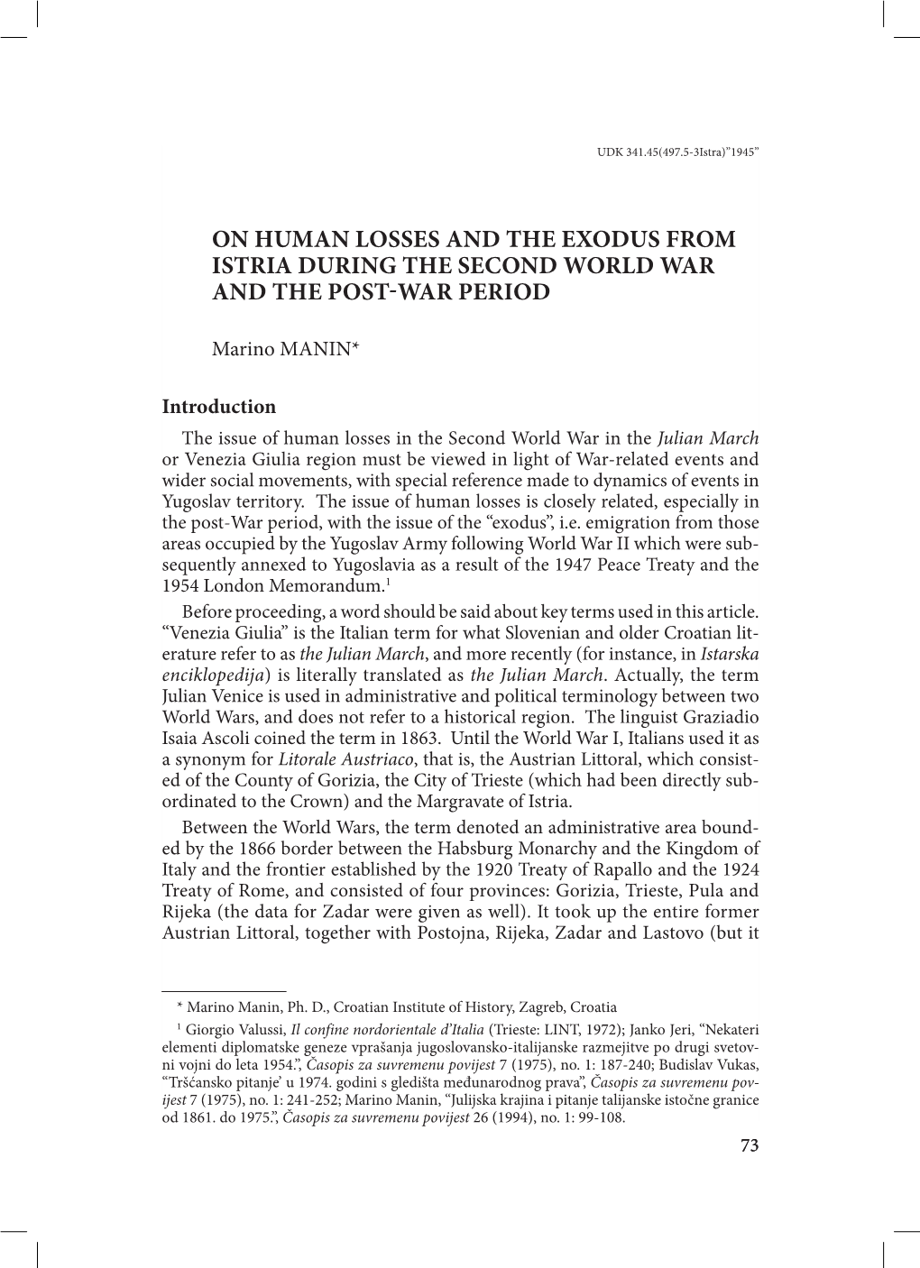 On Human Losses and the Exodus from Istria During the Second World War and the Post-War Period