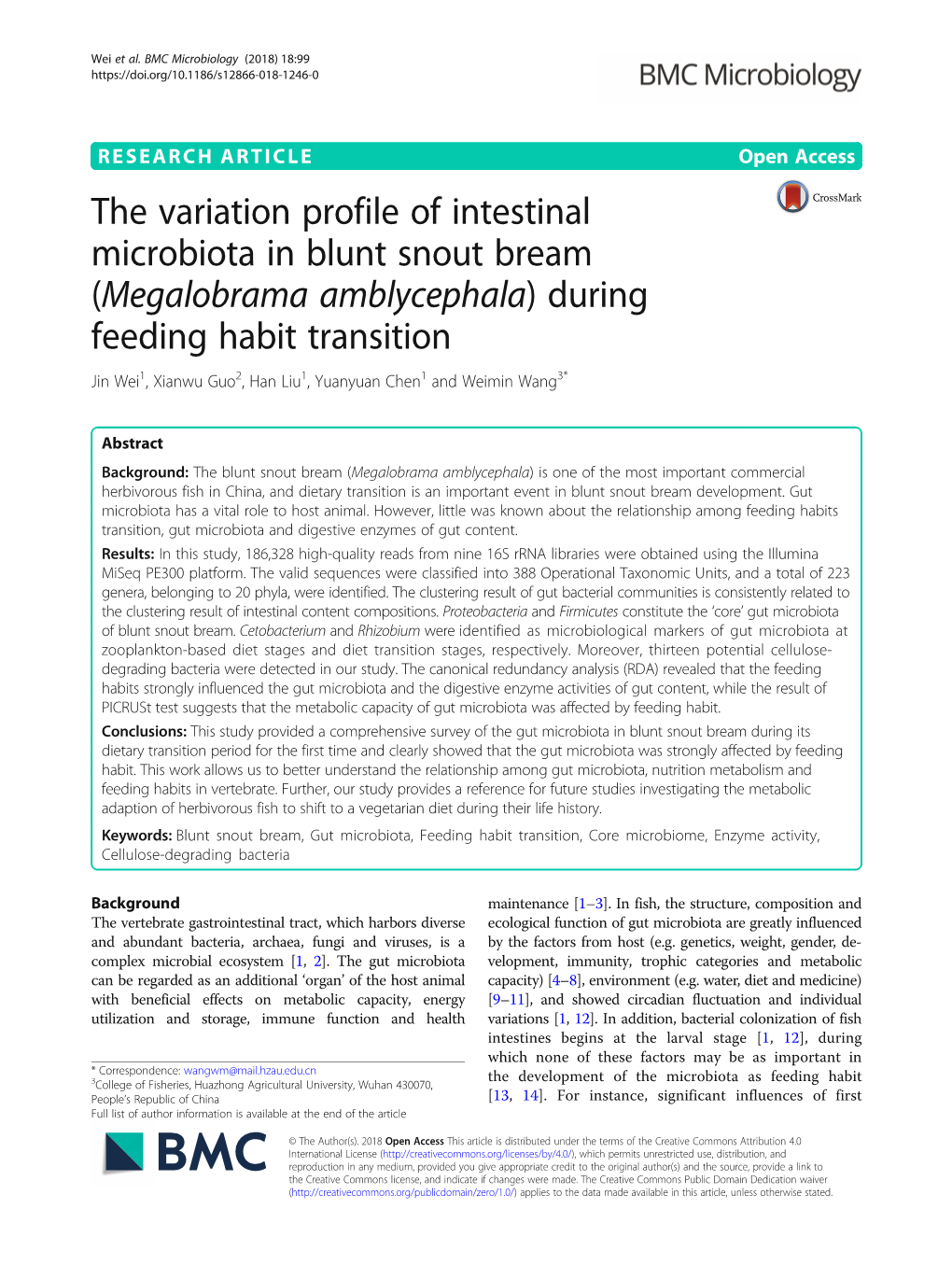 Megalobrama Amblycephala) During Feeding Habit Transition Jin Wei1, Xianwu Guo2, Han Liu1, Yuanyuan Chen1 and Weimin Wang3*