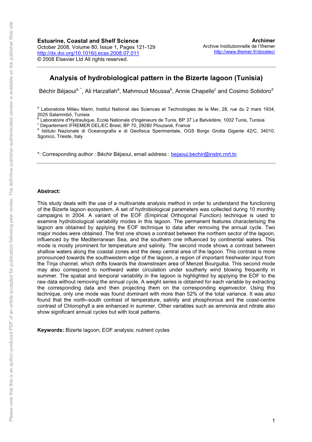 Analysis of Hydrobiological Pattern in the Bizerte Lagoon