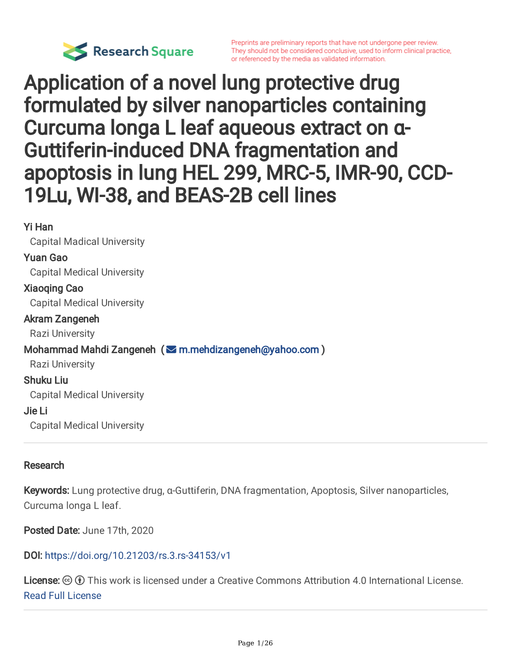 Application of a Novel Lung Protective Drug Formulated by Silver