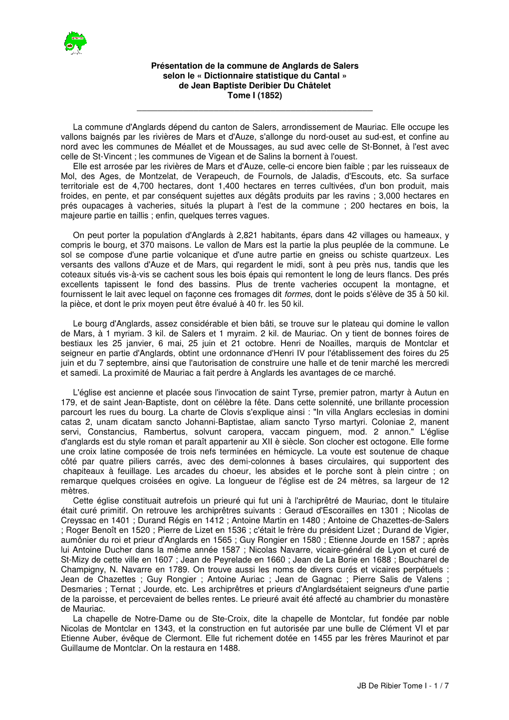 Présentation De La Commune De Anglards De Salers Selon Le « Dictionnaire Statistique Du Cantal » De Jean Baptiste Deribier Du Châtelet Tome I (1852) ______