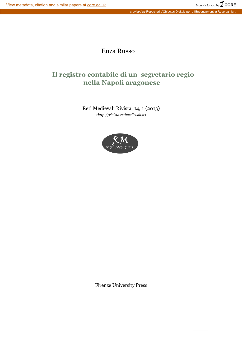 Enza Russo, Il Registro Contabile Di Un Segretario Regio Della Napoli