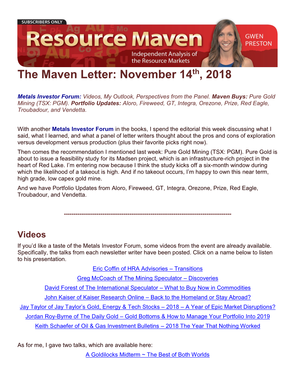 The Maven Letter: November 14Th, 2018