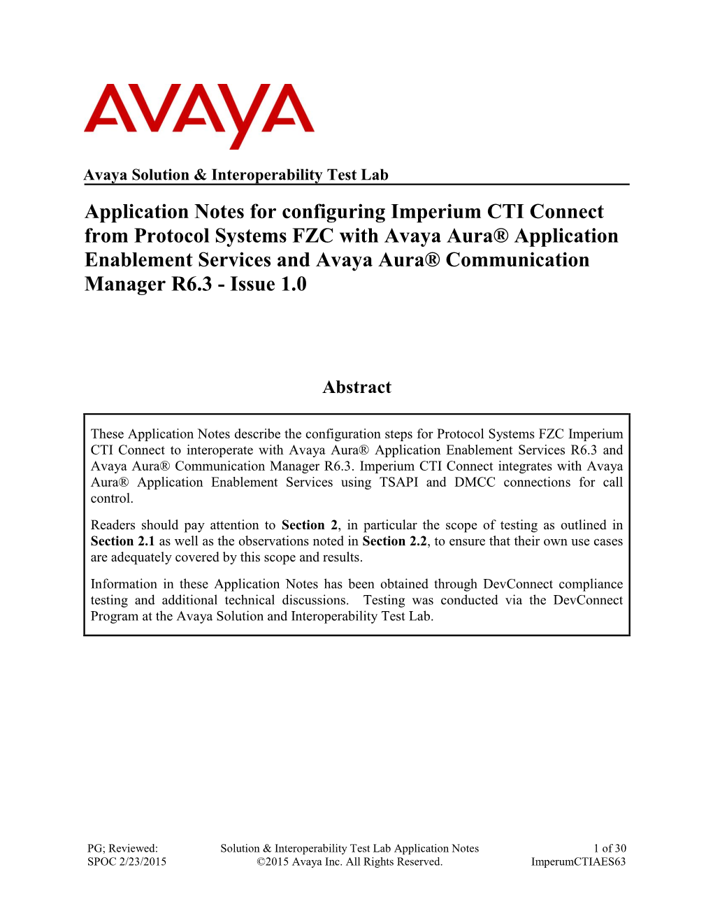 Application Notes for Configuring Imperium CTI Connect from Protocol Systems FZC with Avaya Aura® Application Enablement Servic