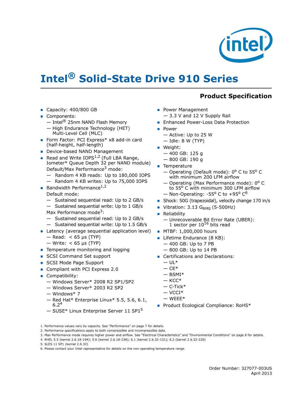 Intel Solid-State Drive 910 Series Product Specification