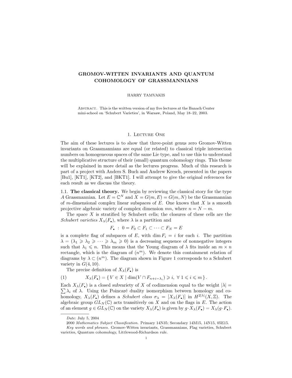 Gromov-Witten Invariants and Quantum Cohomology of Grassmannians