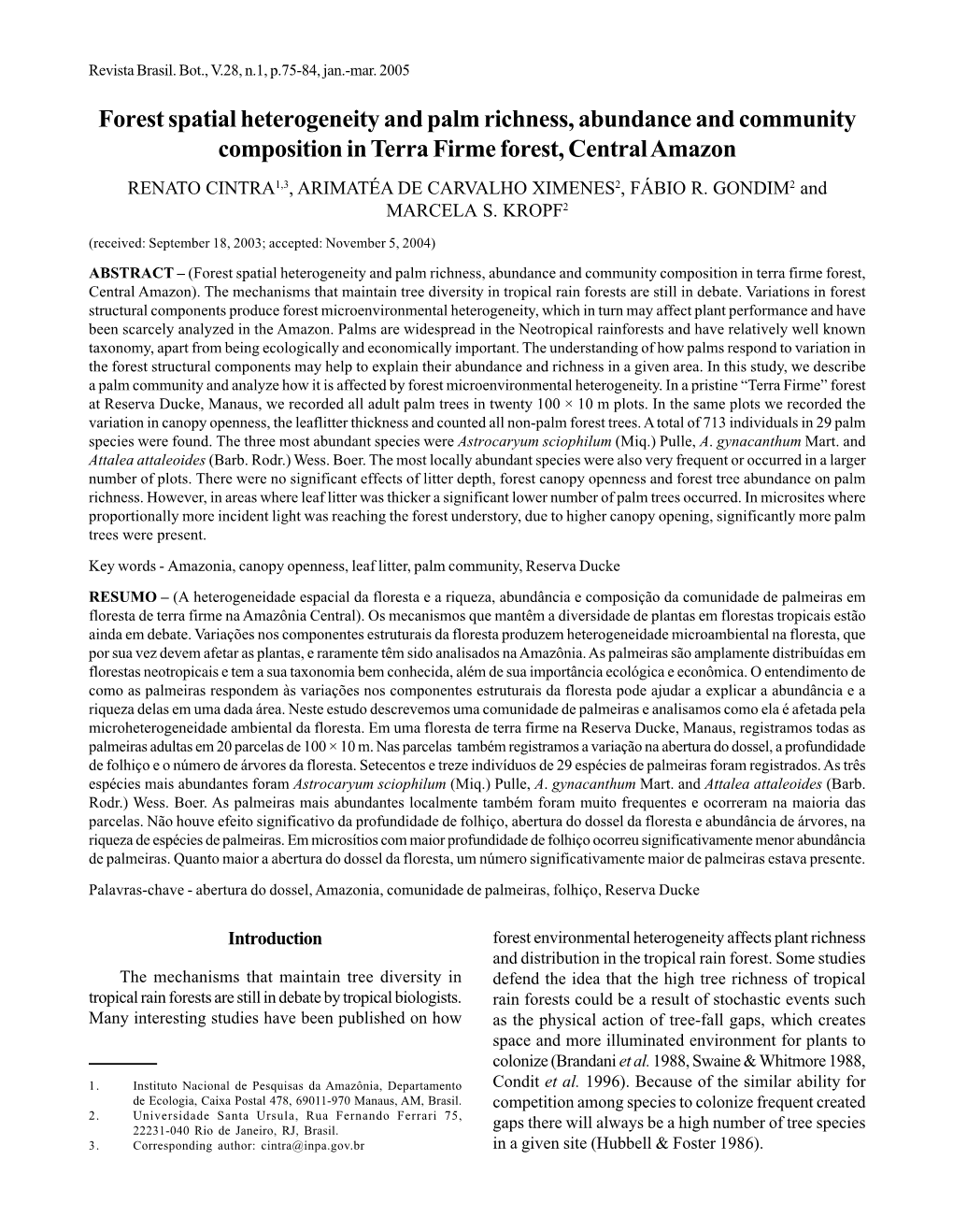 Forest Spatial Heterogeneity and Palm Richness, Abundance and Community Composition in Terra Firme Forest, Central Amazon