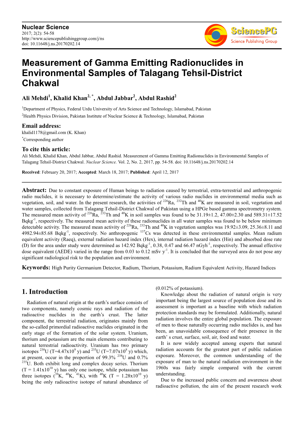Measurement of Gamma Emitting Radionuclides in Environmental Samples of Talagang Tehsil-District Chakwal