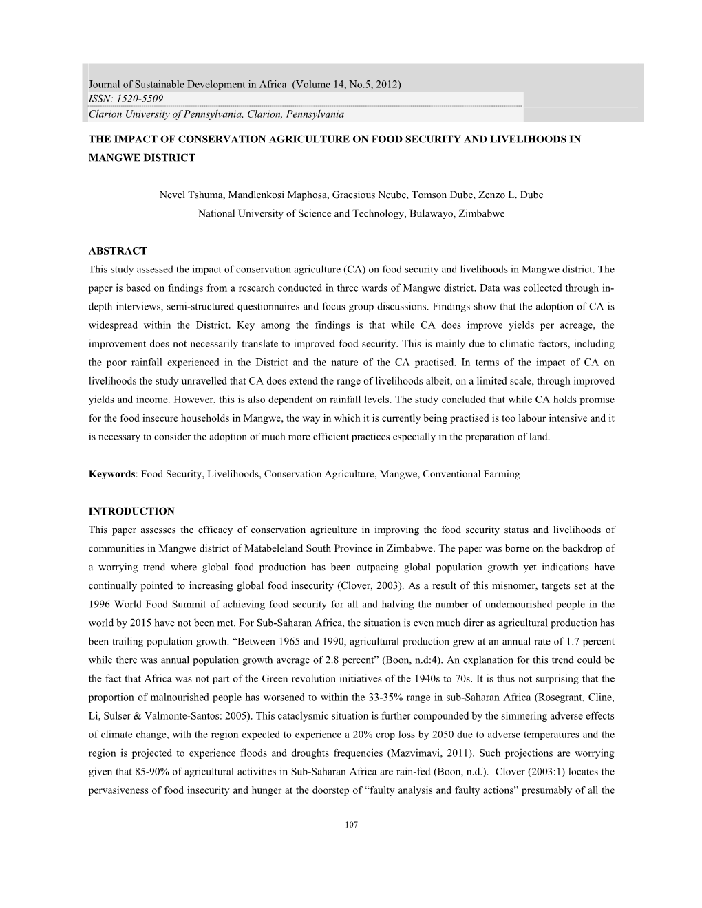 The Impact of Conservation Agriculture on Food Security and Livelihoods in Mangwe District