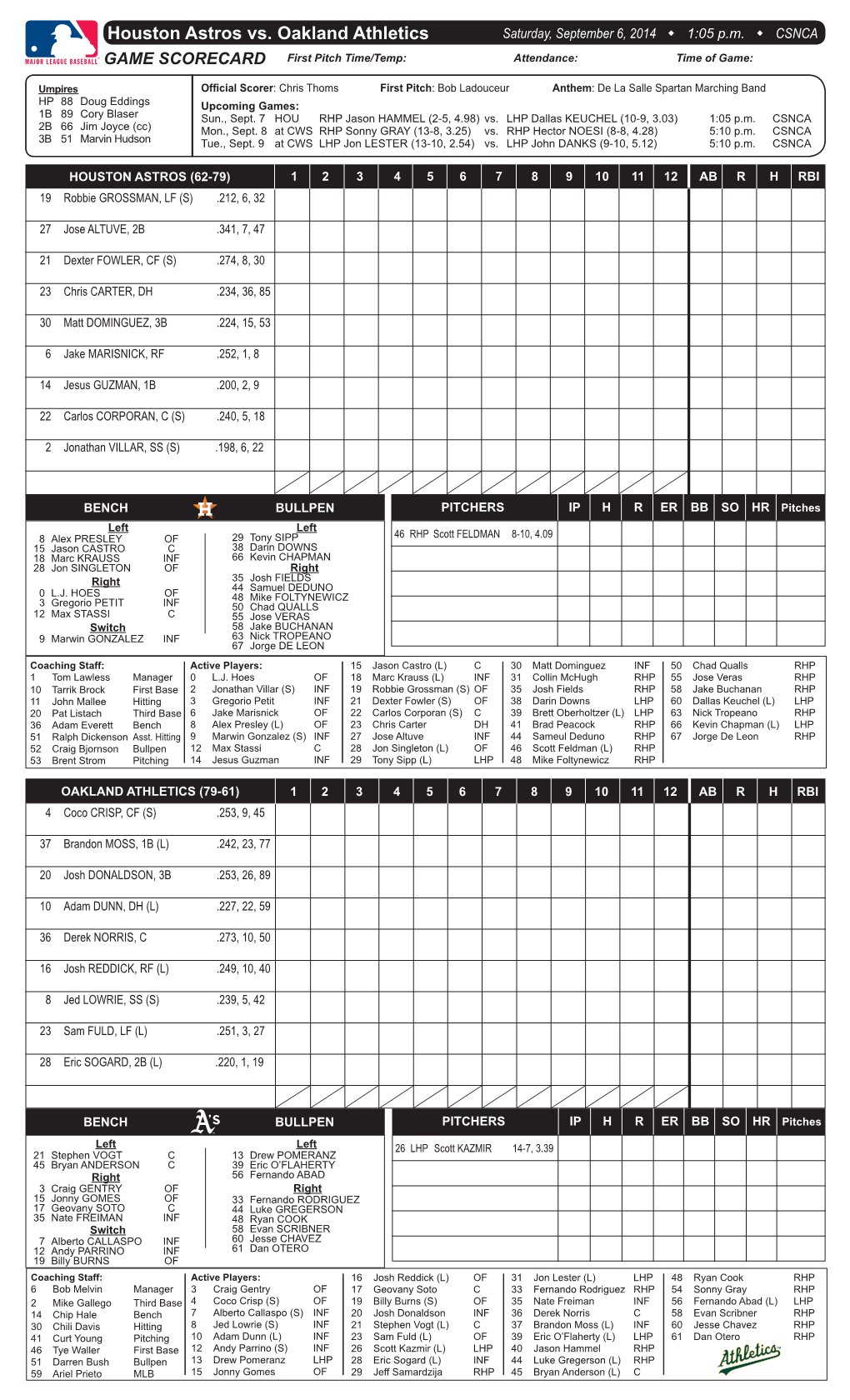 Houston Astros Vs. Oakland Athletics Saturday, September 6, 2014 W 1:05 P.M