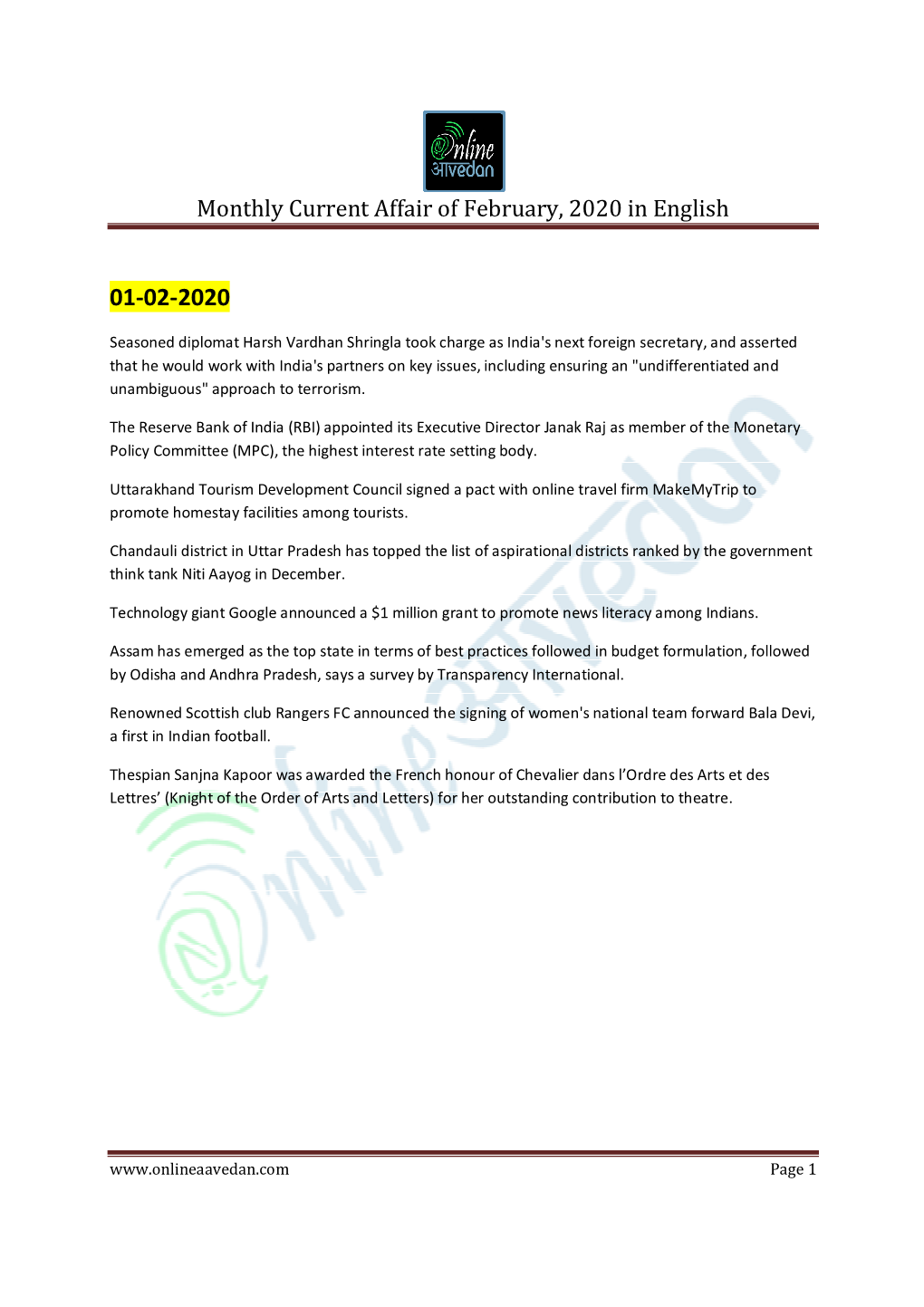 Monthly Current Affair of February, 2020 in English