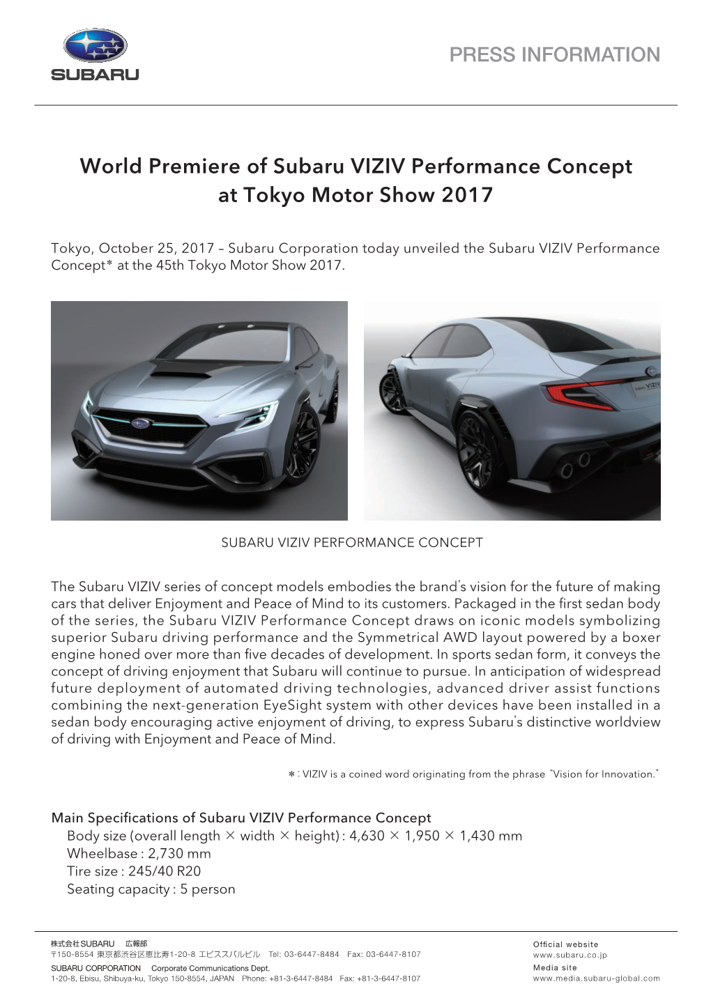 World Premiere of Subaru VIZIV Performance Concept at Tokyo Motor Show 2017