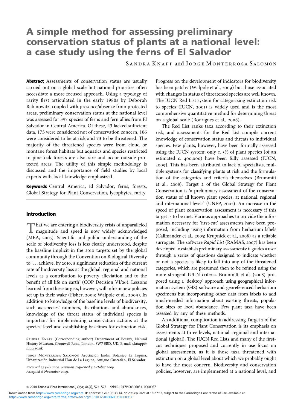 A Simple Method for Assessing Preliminary Conservation Status of Plants at a National Level: a Case Study Using the Ferns of El Salvador