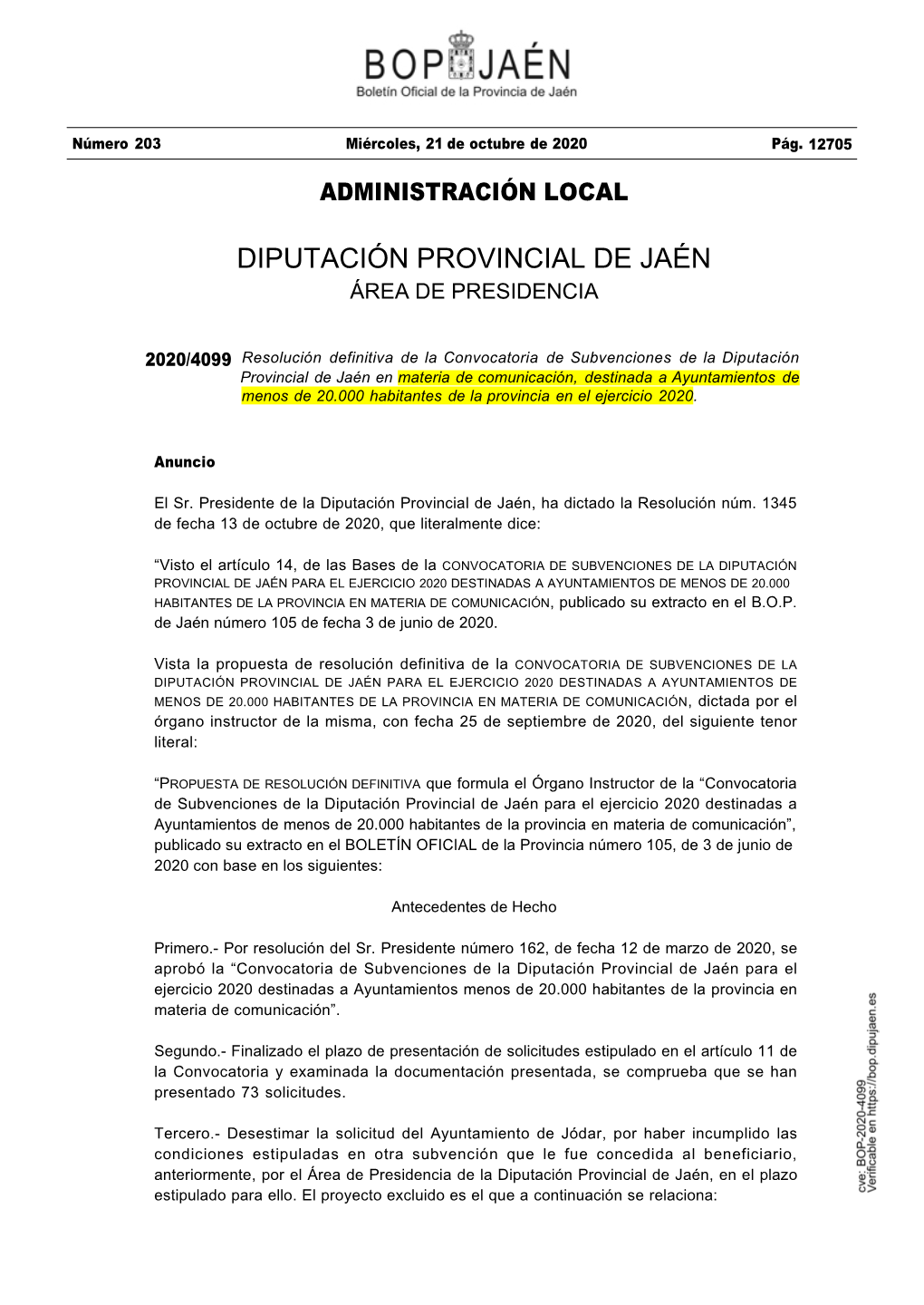 Diputación Provincial De Jaén Área De Presidencia