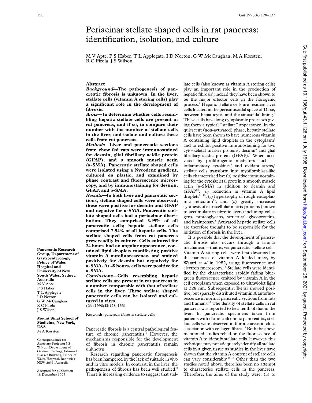 Periacinar Stellate Shaped Cells in Rat Pancreas: Identiﬁcation, Isolation, and Culture Gut: First Published As 10.1136/Gut.43.1.128 on 1 July 1998