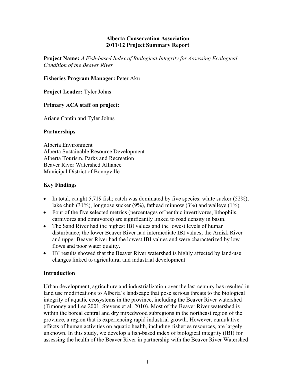 A Fish-Based Index of Biological Integrity for Assessing Ecological Condition of the Beaver River