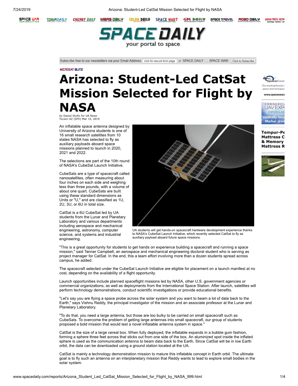 Arizona: Student-Led Catsat Mission Selected for Flight by NASA