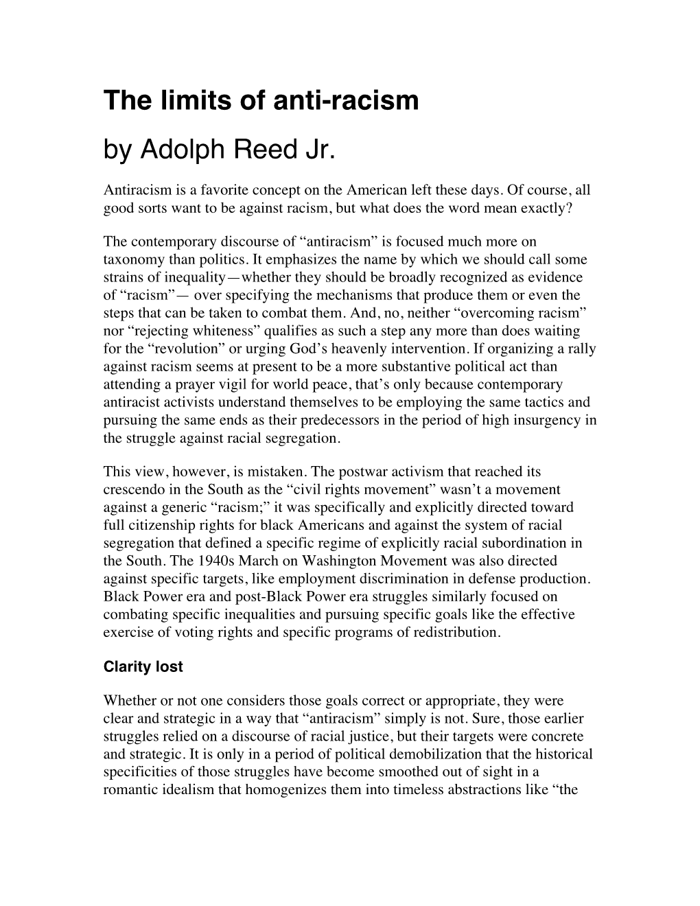 The Limits of Anti-Racism by Adolph Reed Jr