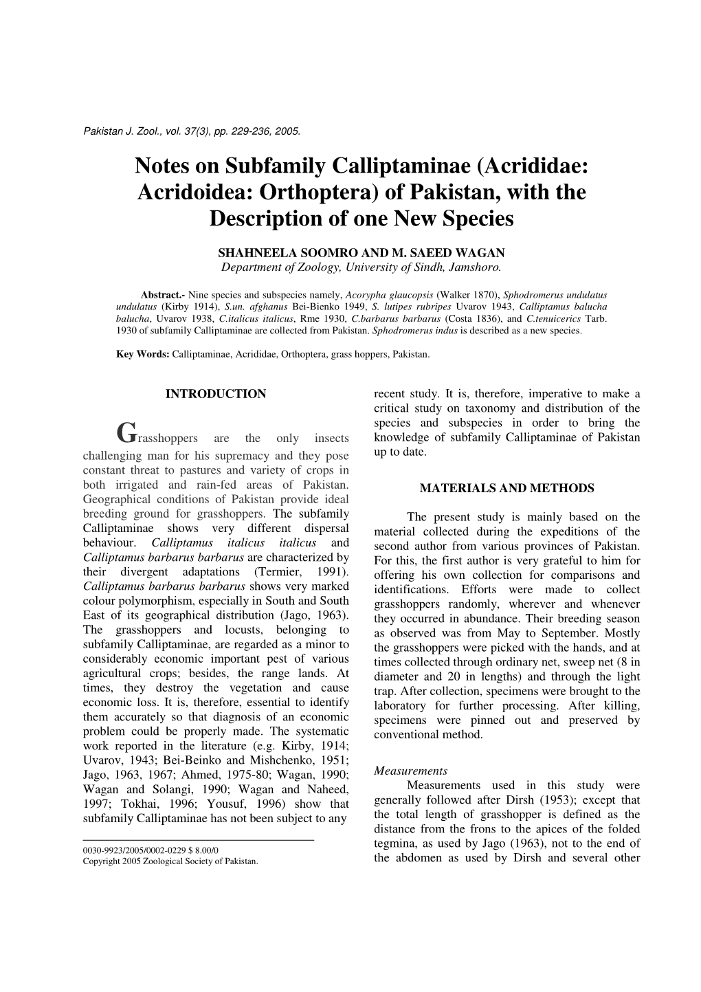 Acrididae: Acridoidea: Orthoptera) of Pakistan, with the Description of One New Species