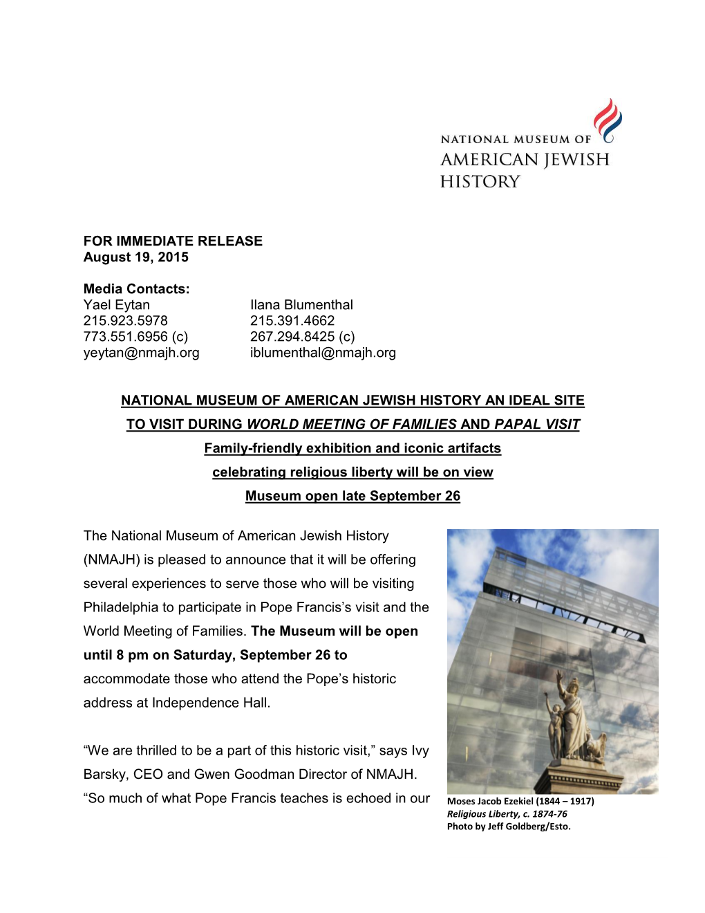 FOR IMMEDIATE RELEASE August 19, 2015 Media Contacts: Yael