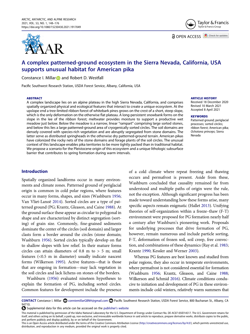 A Complex Patterned-Ground Ecosystem in the Sierra Nevada, California, USA Supports Unusual Habitat for American Pika Constance I