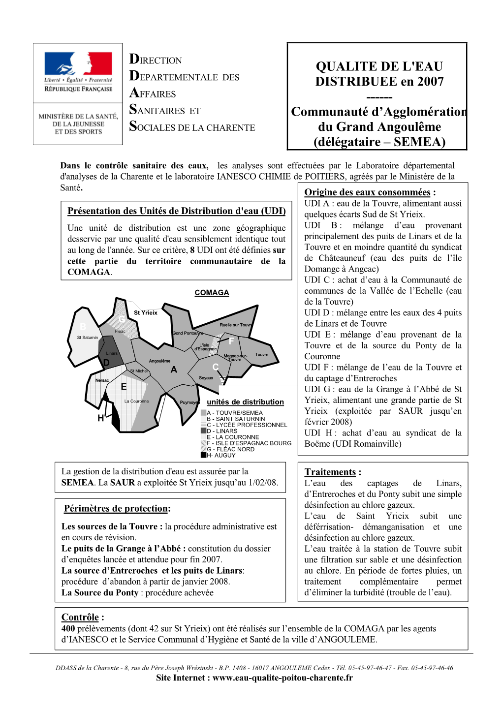 QUALITE DE L'eau DISTRIBUEE En 2007 ---Communauté D'agglomération Du Grand Angoulême (Délégataire – SEMEA)