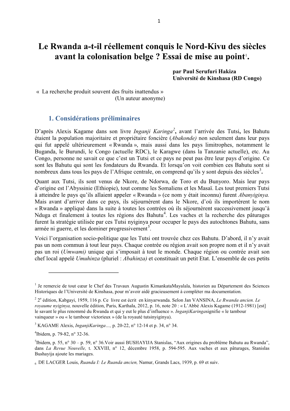 Le Rwanda A-T-Il Réellement Conquis Le Nord-Kivu Des Siècles Avant La Colonisation Belge ? Essai De Mise Au Point1