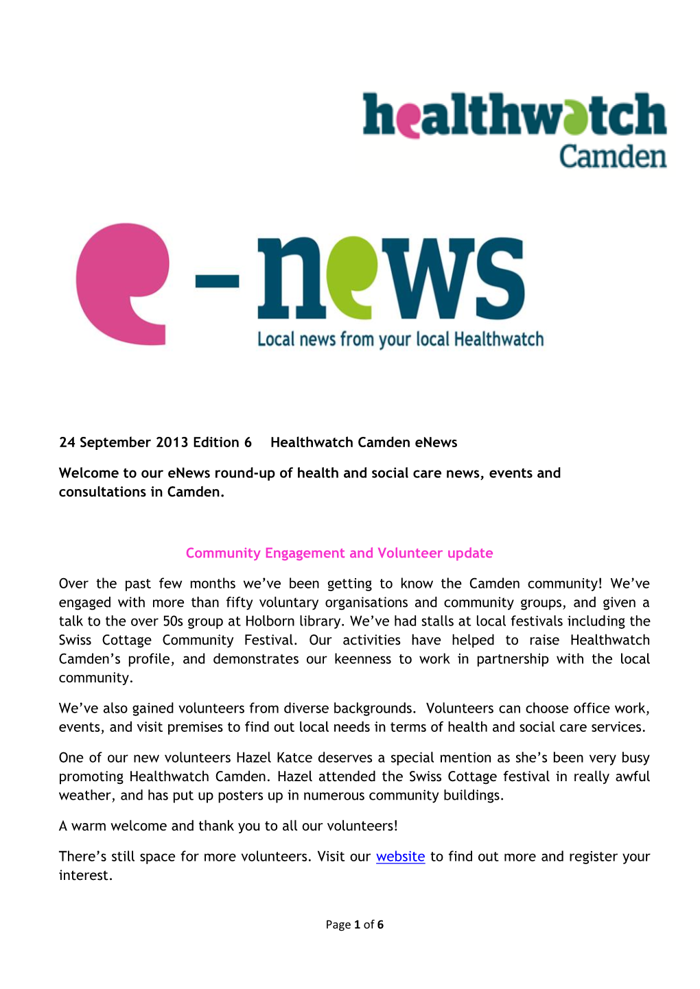 Latest News from Healthwatch Camden September 2013