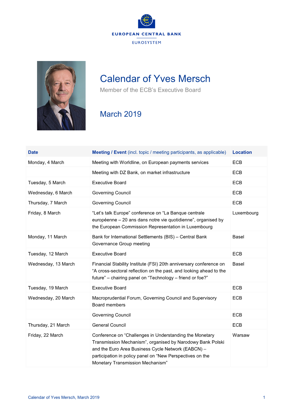 Calendar of Yves Mersch, March 2019 1