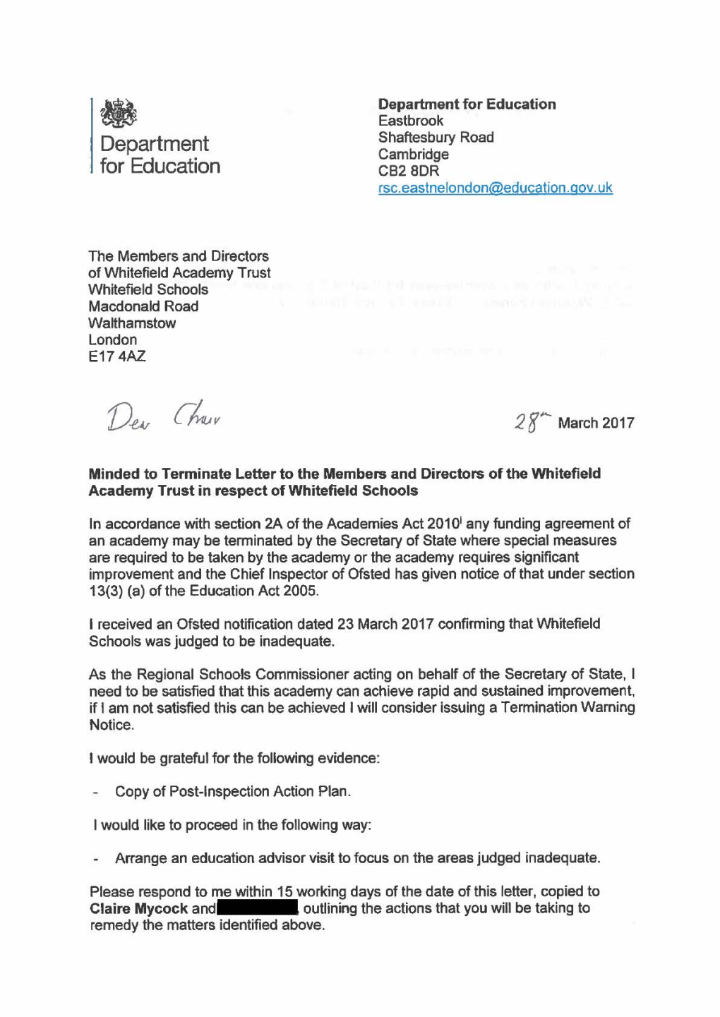 Minded to Terminate Letter to the Members and Directors of the Whitefield Academy Trust in Respect of Whitefield Schools