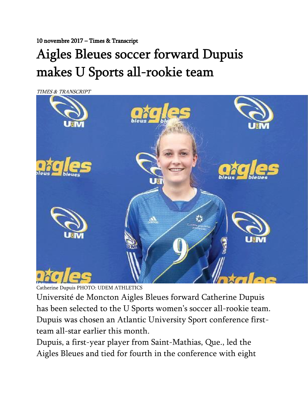 Aigles Bleues Soccer Forward Dupuis Makes U Sports All-Rookie Team
