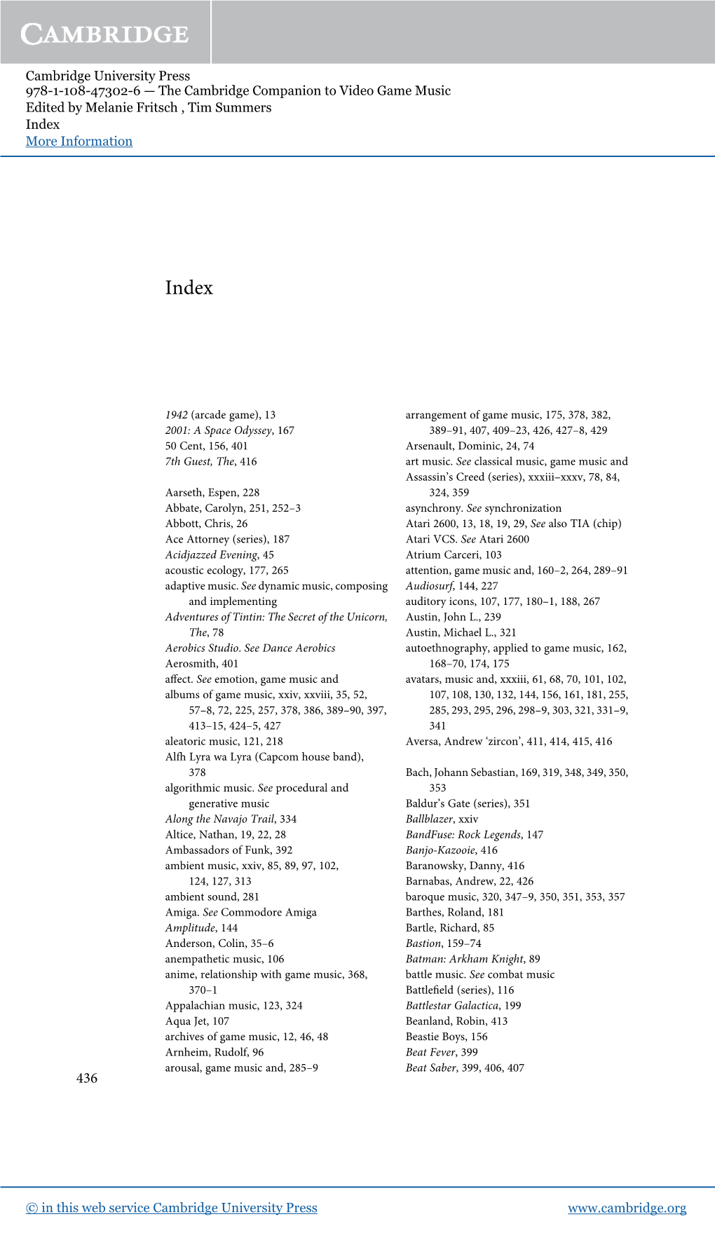 Cambridge University Press 978-1-108-47302-6 — the Cambridge Companion to Video Game Music Edited by Melanie Fritsch , Tim Summers Index More Information