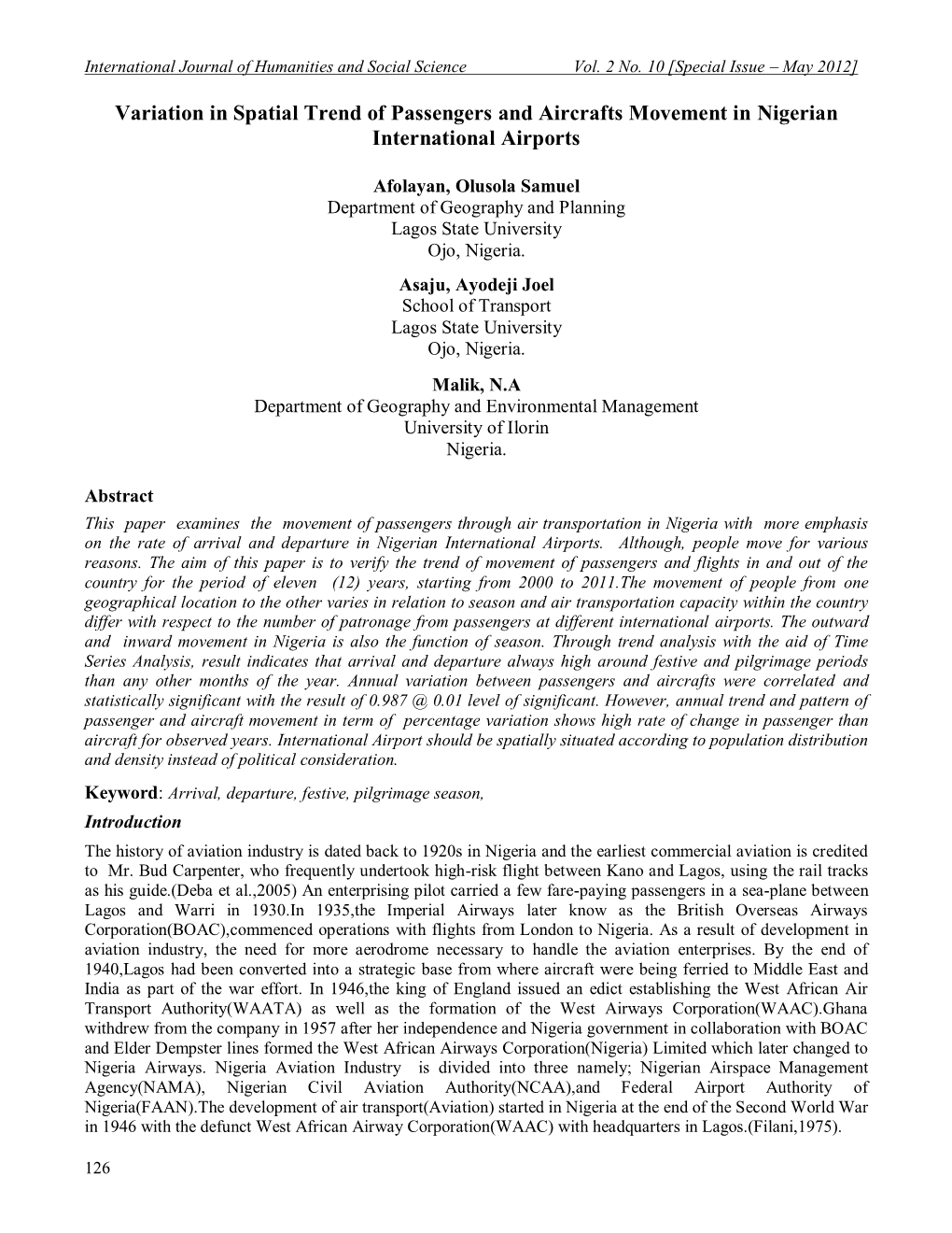 Variation in Spatial Trend of Passengers and Aircrafts Movement in Nigerian International Airports