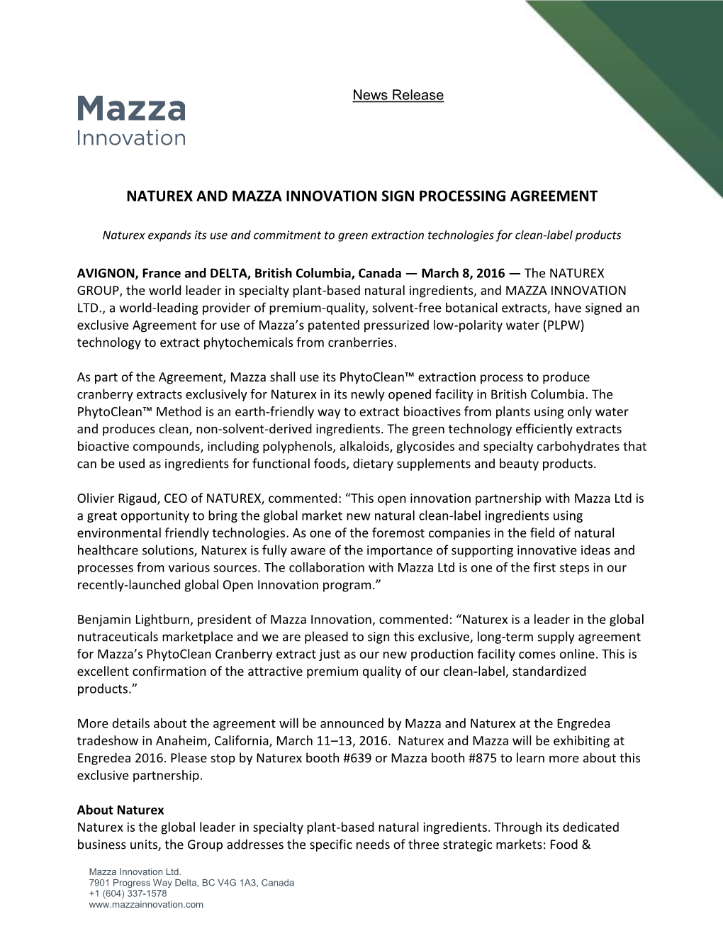 Naturex and Mazza Innovation Sign Processing Agreement