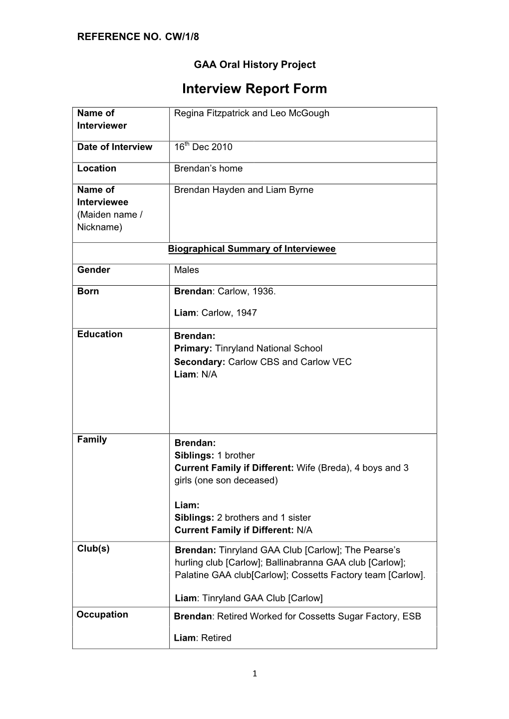 GAA Oral History Project Interview Report Form