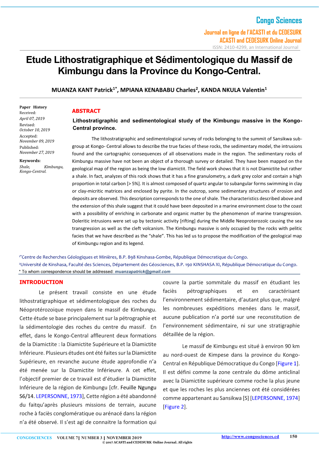 Etude Lithostratigraphique Et Sédimentologique Du Massif De Kimbungu Dans La Province Du Kongo-Central