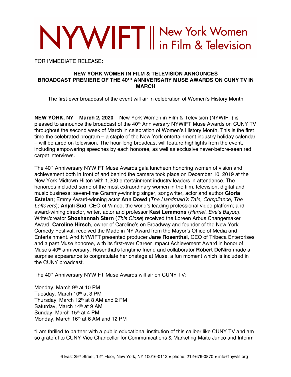 For Immediate Release: New York Women in Film