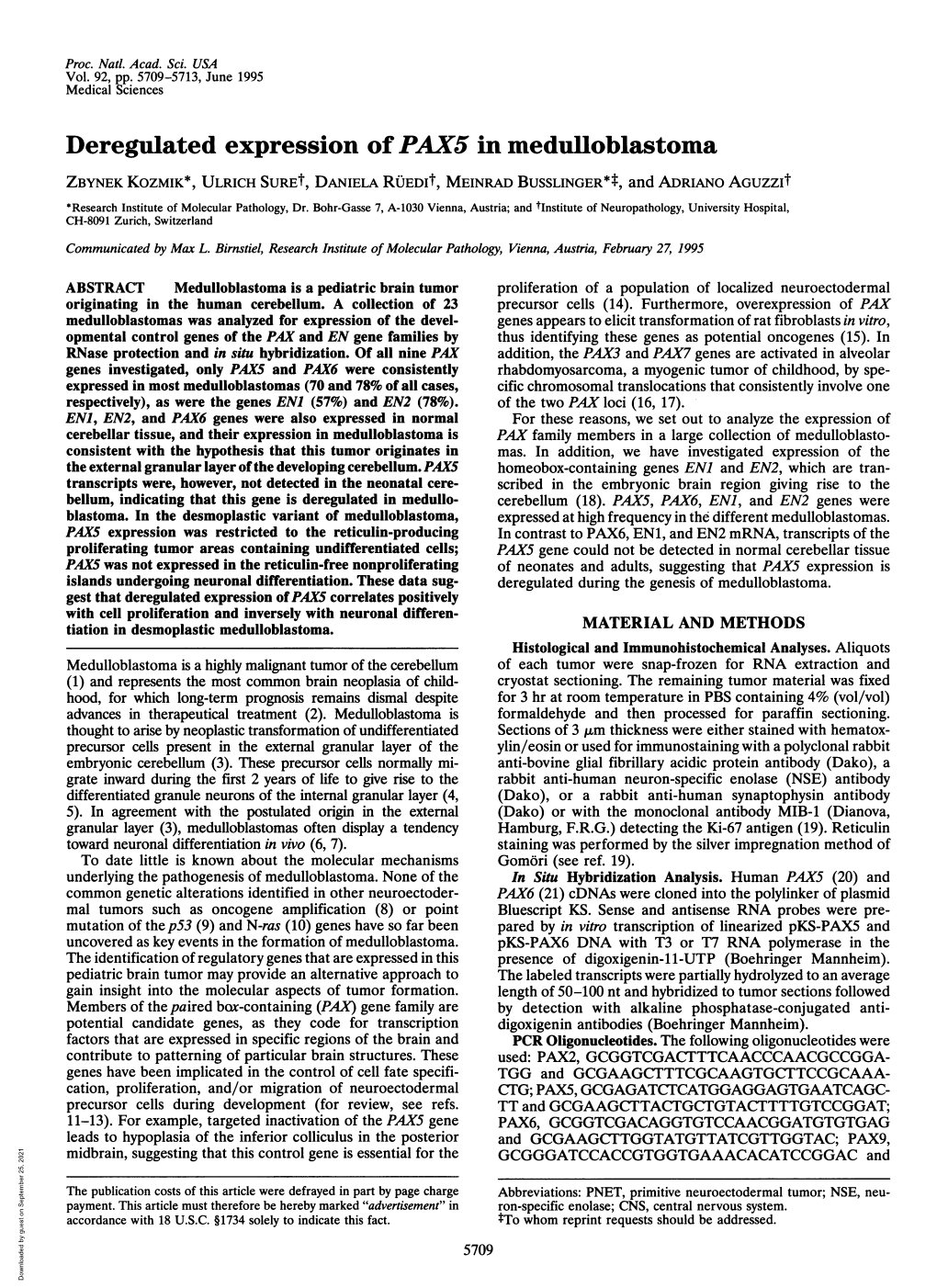 Deregulated Expression of PAX5 in Medulloblastoma