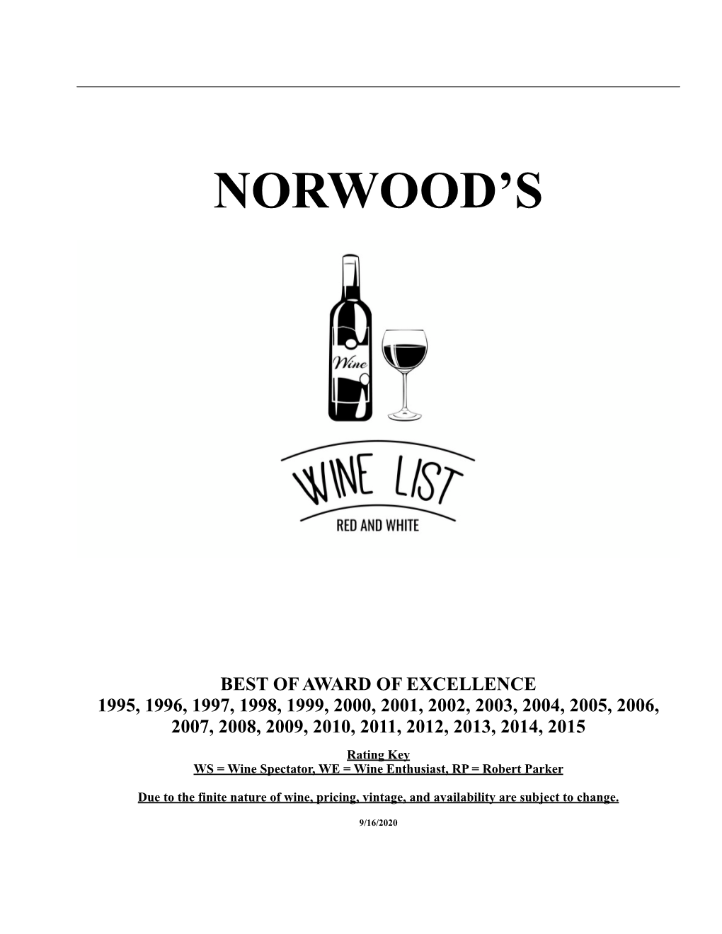 2020 Wine List