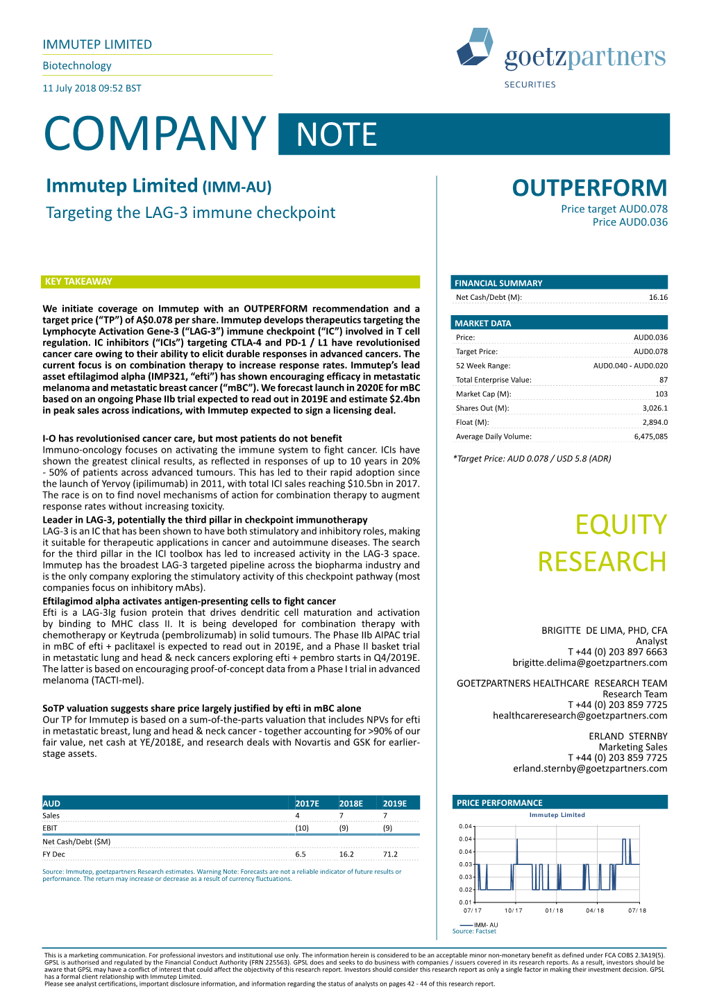 LAG-3 Immune Checkpoint Price Target AUD0.078 Price AUD0.036