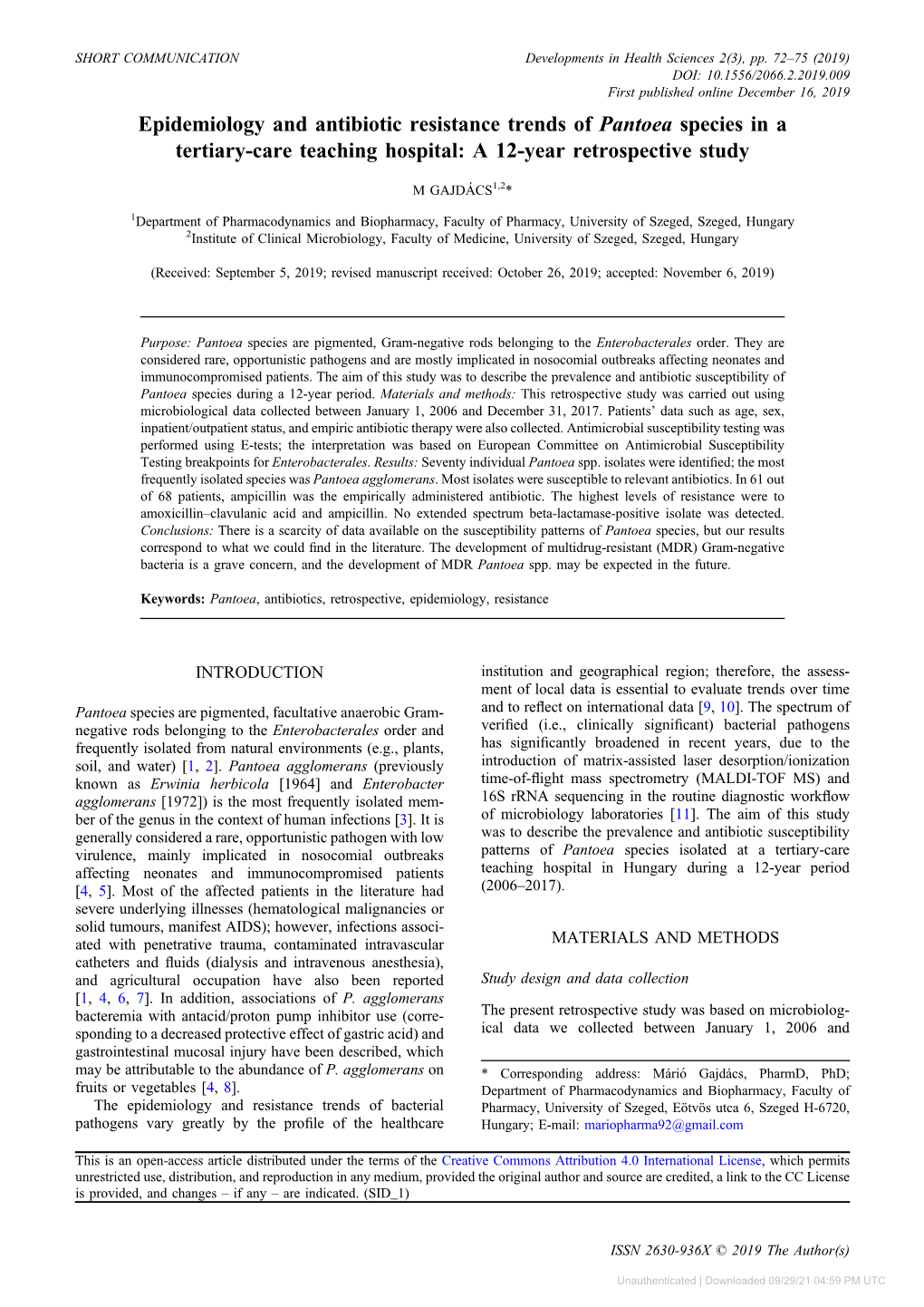 Epidemiology and Antibiotic Resistance Trends of Pantoea Species in a Tertiary-Care Teaching Hospital: a 12-Year Retrospective Study