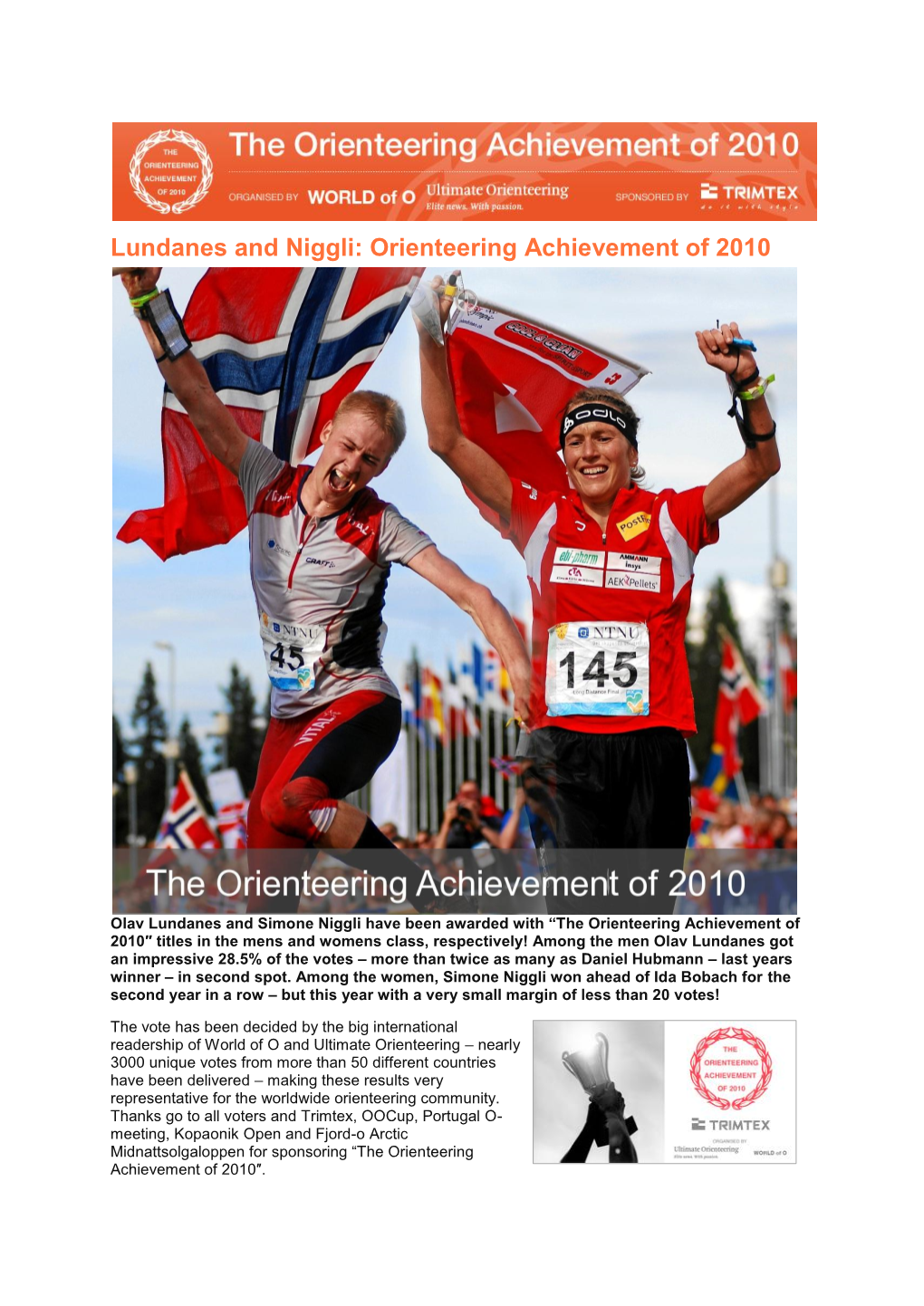 Lundanes and Niggli: Orienteering Achievement of 2010