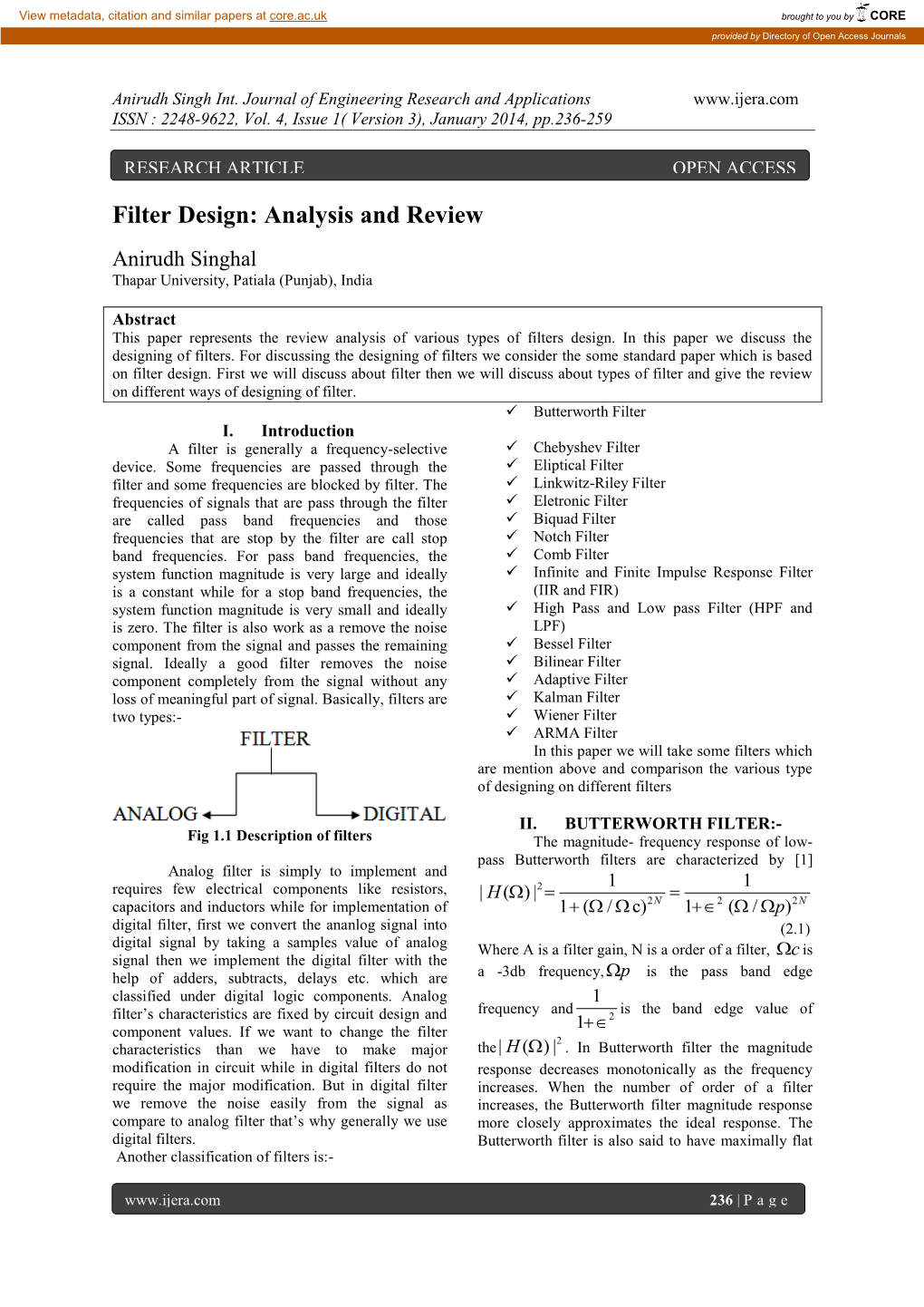 Filter Design: Analysis and Review