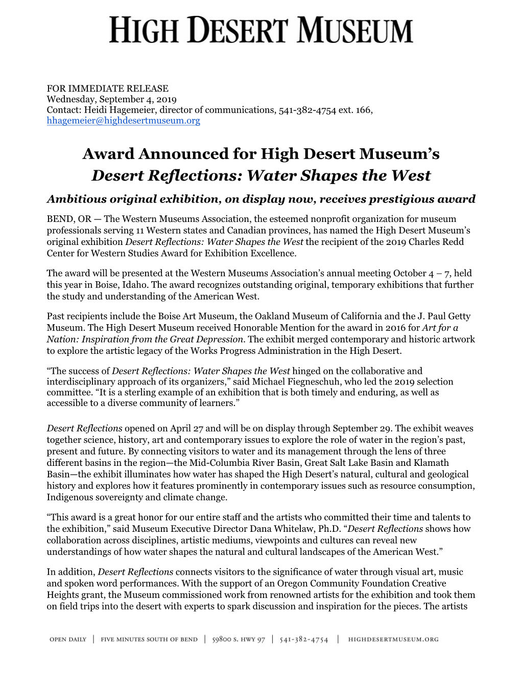 Award Announced for High Desert Museum's Desert Reflections