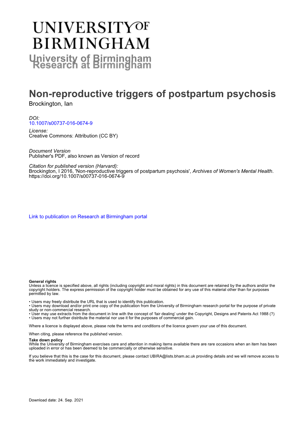 Non-Reproductive Triggers of Postpartum Psychosis Brockington, Ian