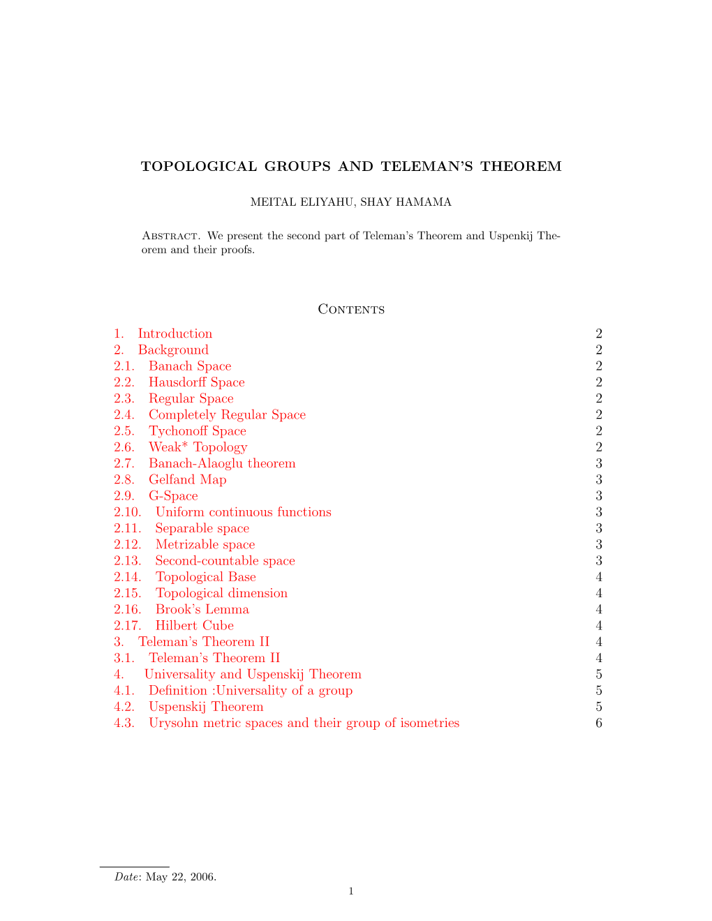 TOPOLOGICAL GROUPS and TELEMAN's THEOREM Contents 1