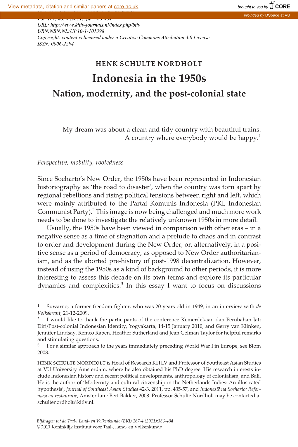 Indonesia in the 1950S Nation, Modernity, and the Post-Colonial State